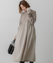 【洗える】ギャザーコンビ ニットワンピース