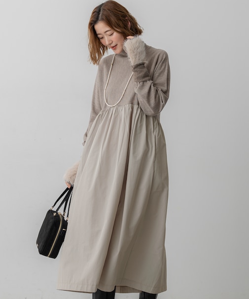 【洗える】ギャザーコンビ ニットワンピース