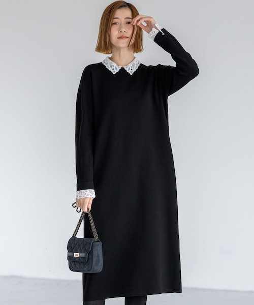 洗える/吊り干しOK】ヴィスコースストレッチ レース襟 ワンピース