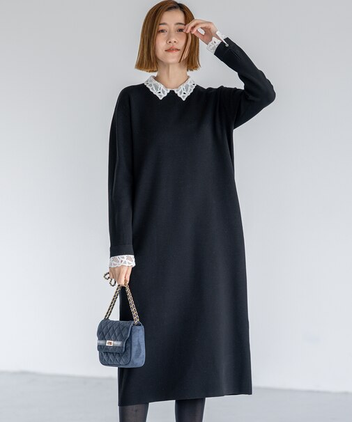 【洗える/吊り干しOK】ヴィスコースストレッチ レース襟 ワンピース