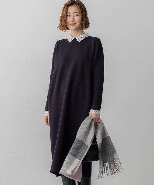 【洗える/吊り干しOK】ヴィスコースストレッチ レース襟 ワンピース