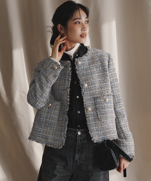 GIOLICAツイード ノーカラー ボタン ジャケット｜ニジュウサンクの通販