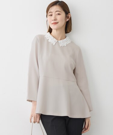 【セットアップ対応/洗える】トリアセダブルジョーゼット 2WAYレース襟 ペプラムブラウス