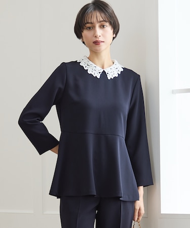 【セットアップ対応/洗える】トリアセダブルジョーゼット 2WAYレース襟 ペプラムブラウス