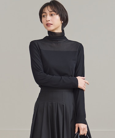 【洗える】チュールフライス シアーハイネック カットソー