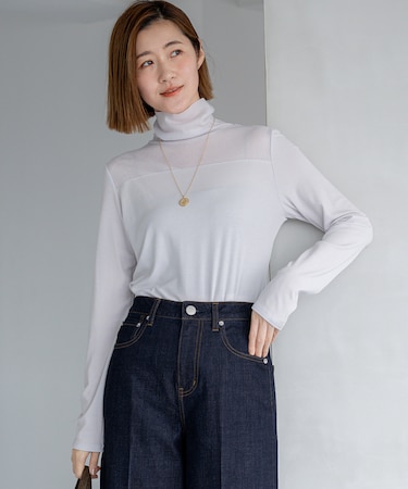 【洗える】チュールフライス シアーハイネック カットソー