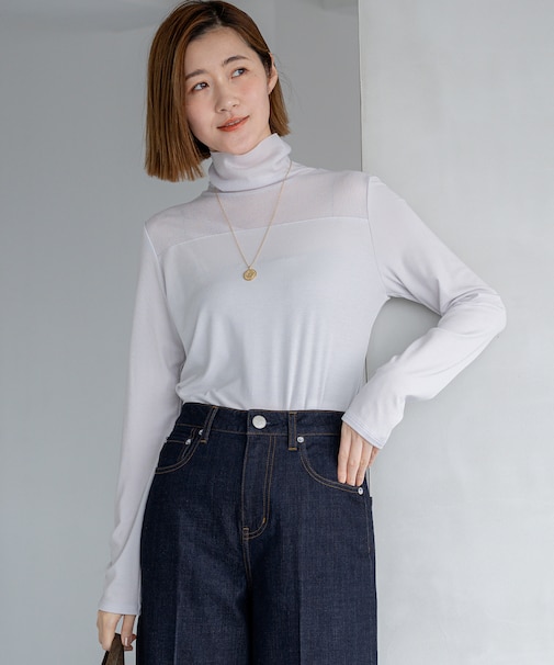 【洗える】チュールフライス シアーハイネック カットソー