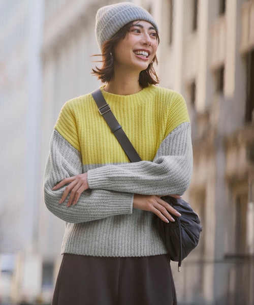 洗える】ウールカシミヤ カラーブロック バルキー ニット｜ニジュウ