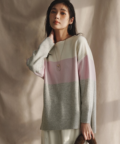 【洗える】ウールカシミヤ カラーブロック チュニック ニット