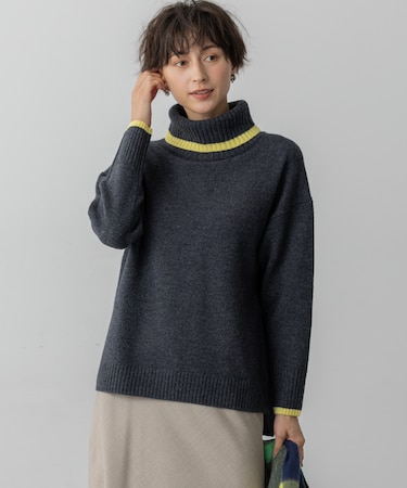 【洗える】ウールカシミヤ コンビカラー オフタートル ニット