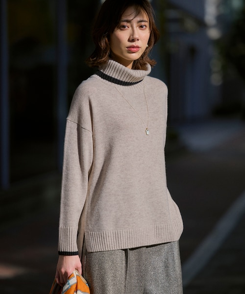 FUDGE掲載/洗える】ウールカシミヤ コンビカラー オフタートル ニット
