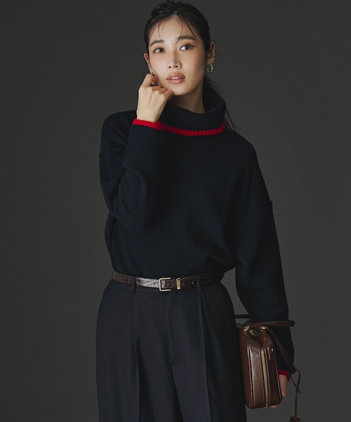 FUDGE掲載/洗える】ウールカシミヤ コンビカラー オフタートル ニット