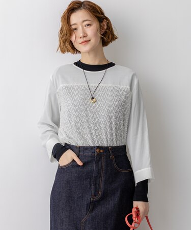 カットジャカードコンビ シアー ブラウス