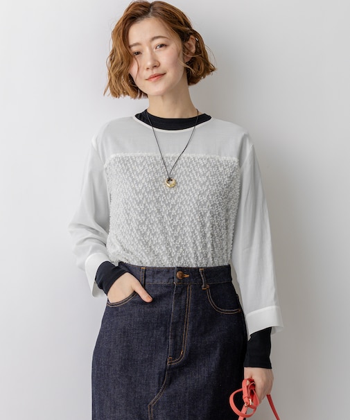 カットジャカードコンビ シアー ブラウス