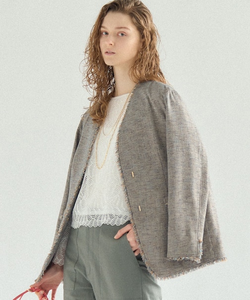 リネンライクブッチャー フリンジノーカラージャケット