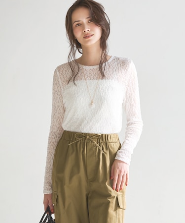 【SLOW/一部店舗限定】リンクルレース シアー カットソー