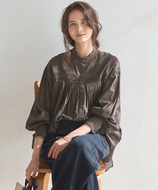 【SLOW/一部店舗限定】コットンボイル ギャザー ブラウス