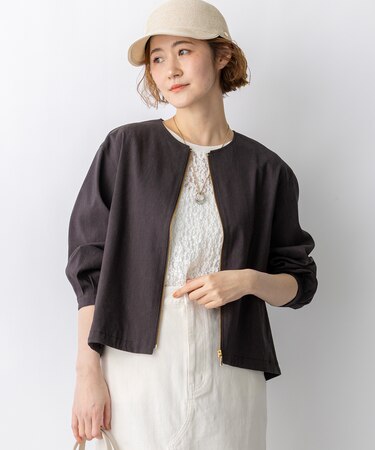 リネンレーヨンストレッチ ノーカラー ブルゾン