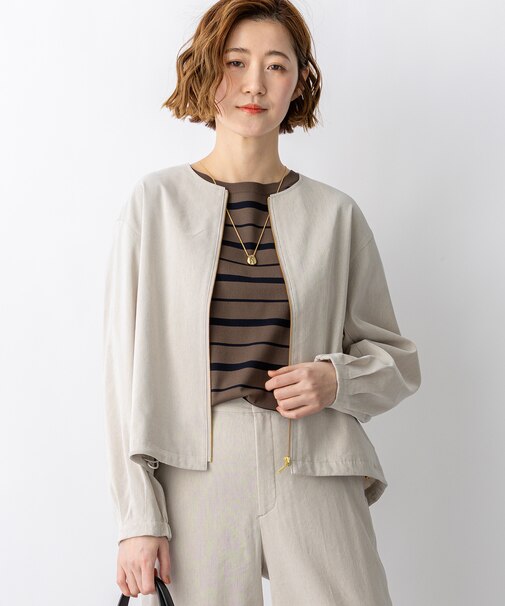 リネンレーヨンストレッチ ノーカラー ブルゾン