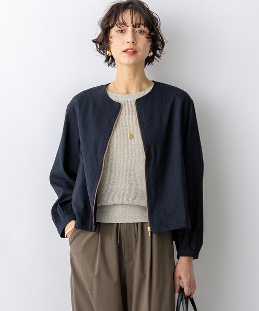 リネンレーヨンストレッチ ノーカラー ブルゾン