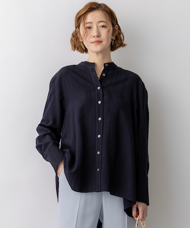 ドビーストライプ バックタック フレアブラウス