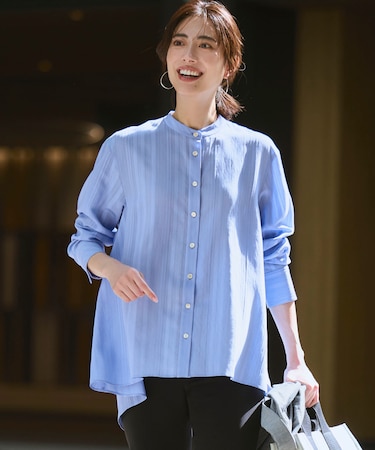 ドビーストライプ バックタック フレアブラウス