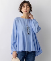 ドビーストライプ クルーネック フレアブラウス