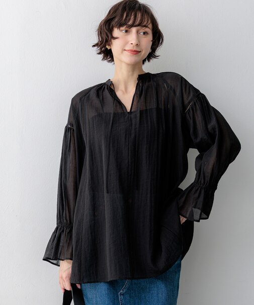リネンミックスシアースラブ ギャザーブラウス