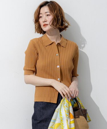 ワイドリブ 五分袖 ポロニット