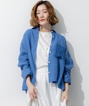 LIBECOリネン ポケット刺繍 クロップドシャツ