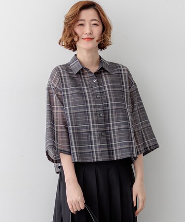 【見上愛さん着用】ハイツイストシアーチェック クロップド シャツ
