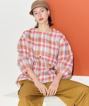 LIBECOリネン チェック ボリュームスリーブ ブラウス