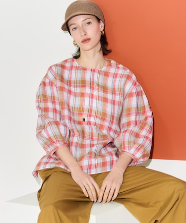 LIBECOリネン チェック ボリュームスリーブ ブラウス