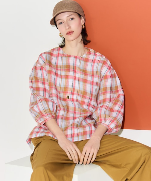 LIBECOリネン チェック ボリュームスリーブ ブラウス