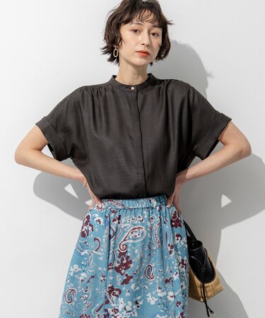 リネンライクグロッシー バンドカラー ブラウス