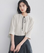 ストレッチジョーゼット スタンドカラー リボン ブラウス