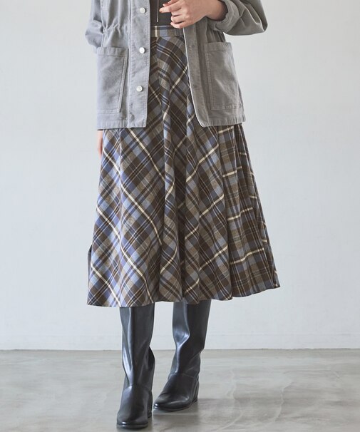 【SLOW/一部店舗限定】コットンチェック ミディ丈スカート