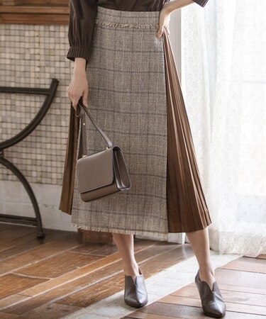 ツイードコンビ レザーライク プリーツスカート