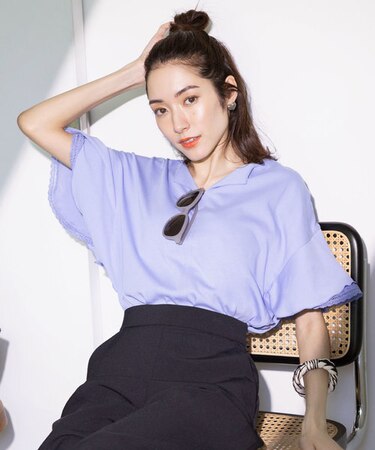 【汗ジミ防止・撥水】GIZAプレーティング天竺袖フリル カットソー