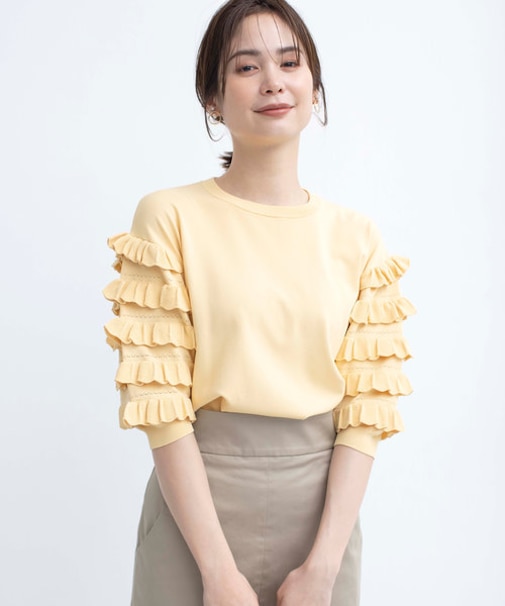 【WEB限定カラーあり】MINA 袖フリルニットプルオーバー