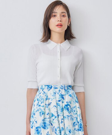 【WEB限定カラーあり】衿付きシアーニットポロ