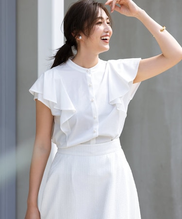 【UVケア】プレーティング天竺 パールボタンブラウス