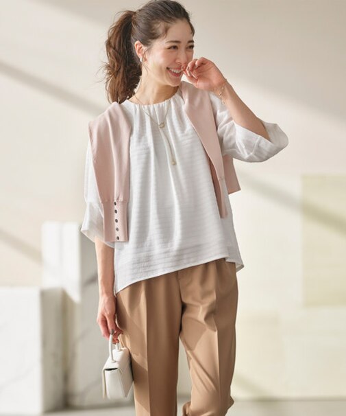 【WEB限定】ボーダージャガード タック袖ブラウス