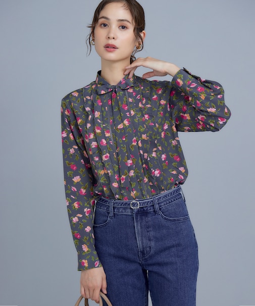 カッティングローズプリント フリルブラウス