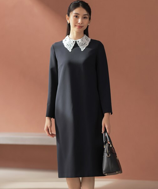 【KUMIKYOKU NAVY】コンフォータブルドレープ レース襟ワンピース