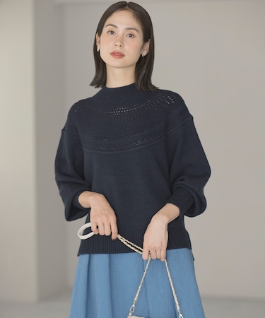 【WEB限定カラーあり】透かし編みバルキーハイネックニット
