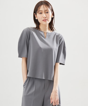 【WEB限定・接触冷感・UVカット・吸水速乾】ジョーゼットジャージーランタンスリーブ5分袖 ブラウス
