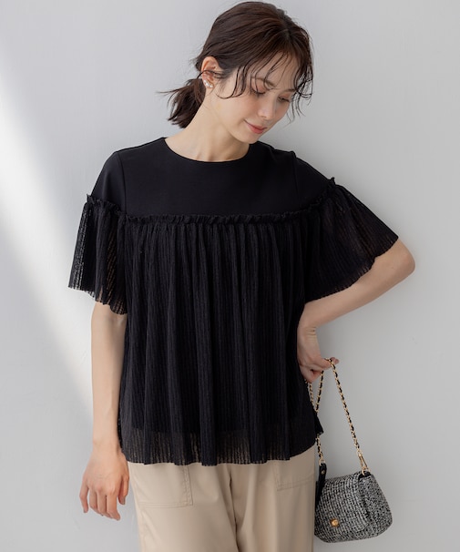 プリーツコンビ5分袖 カットソー