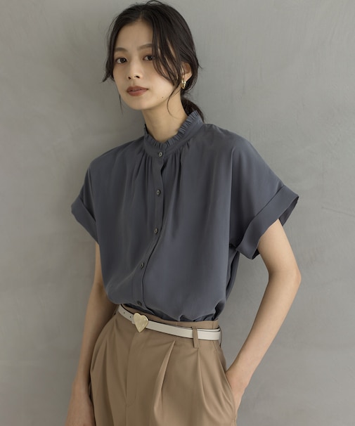 バウンディングシャーティング バンドカラーフリル ブラウス