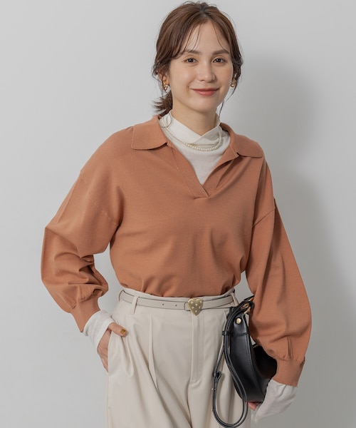 ユナヒカ 丸衿ポロニット OPAQUE.CLIP｜《CLASSY掲載》ランダムリブポロ衿ニット【洗濯機